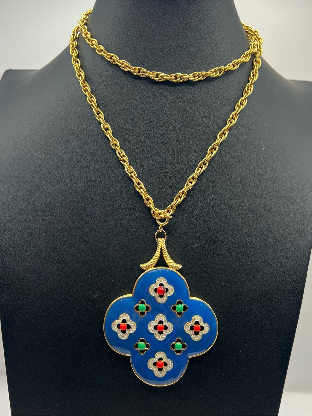 Dazzling Vintage Capri Maltese Cross Pendant Necklace with Clover Design